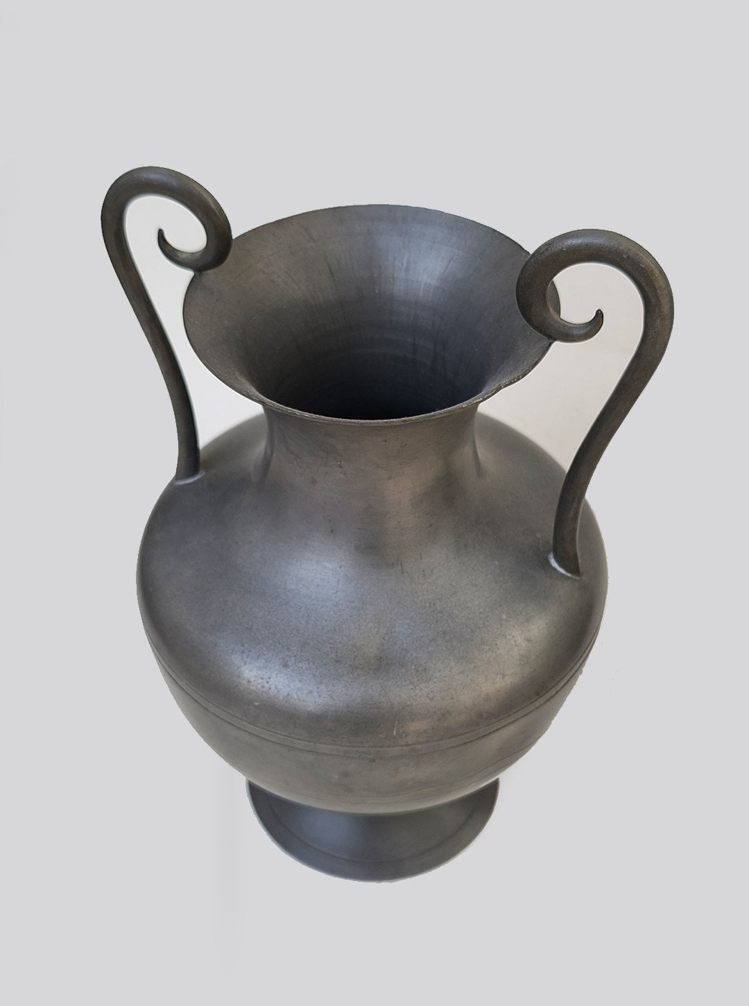 Pewter Amphorae Vase — top view highlighting curved handles and smooth surface