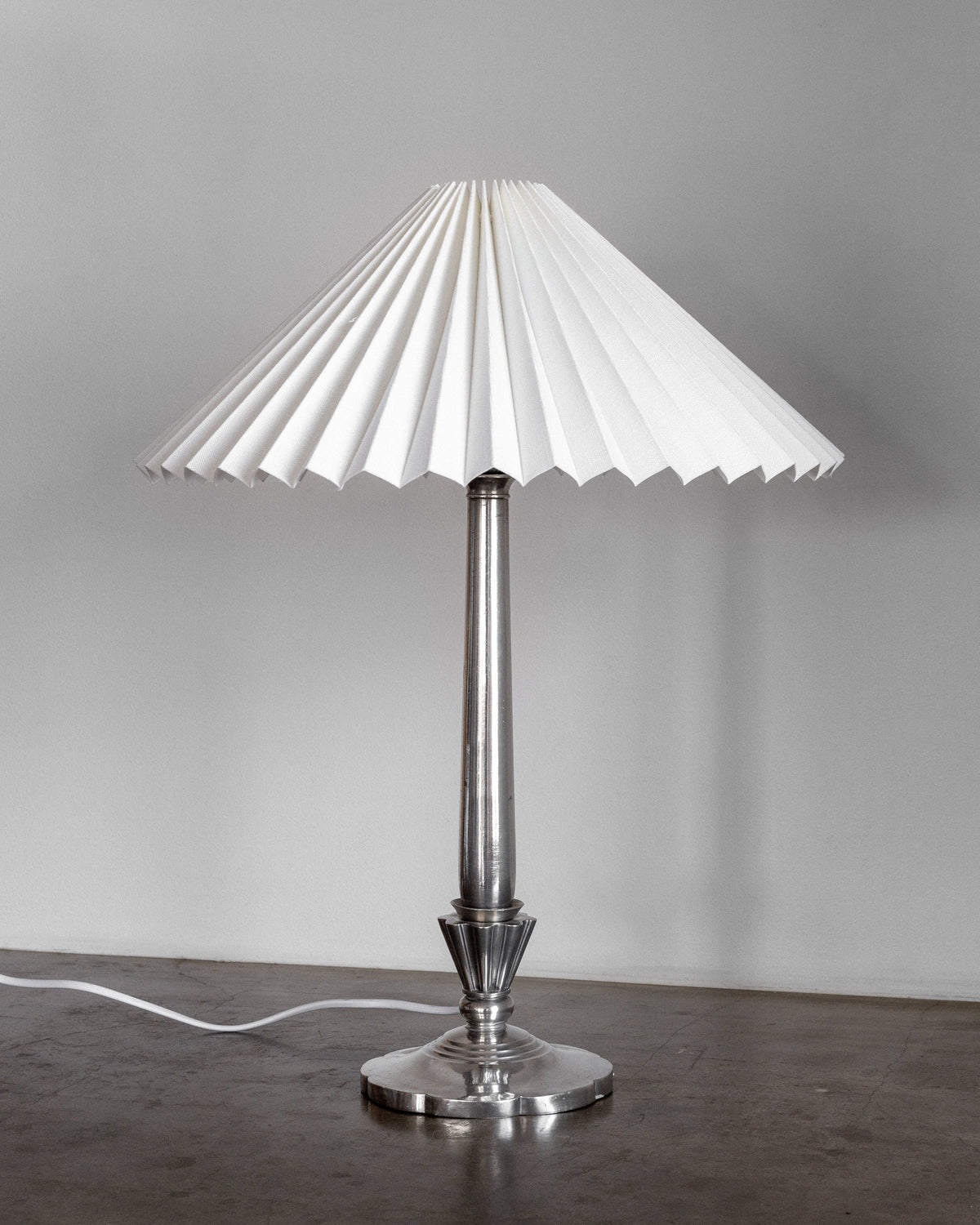 Art Deco Pewter Table Lamp, Denmark 1930s — back view of pleated white shade