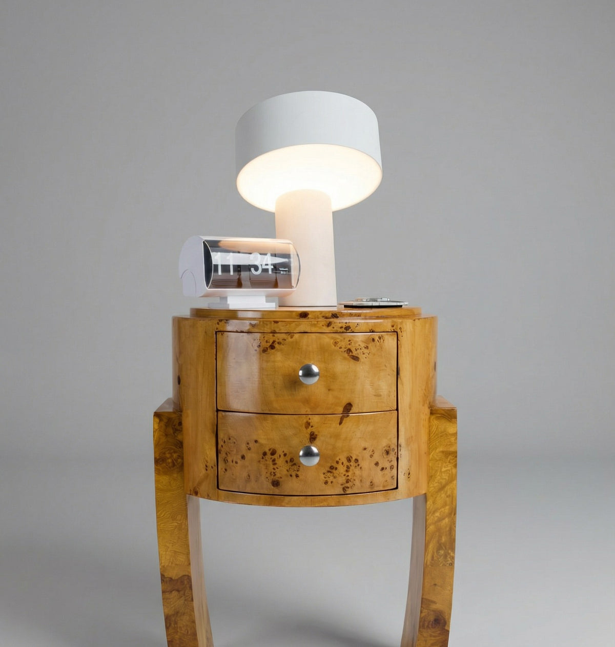 'Guillemets' Olive Burl Wood Bedside Table — lifestyle setting