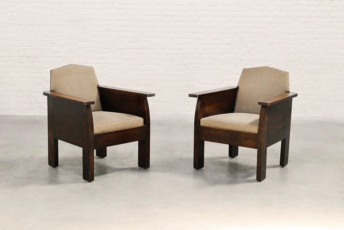 Pair of Hague School Oak Armchairs, Netherlands, 1920s — side angle