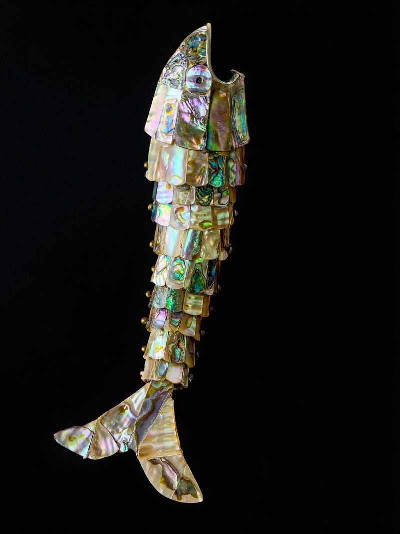 Articulated Abalone shell and Brass Fish Bottle Opener, Mexico, 1980's, 20 cm by Malamar Studio | The Oblist