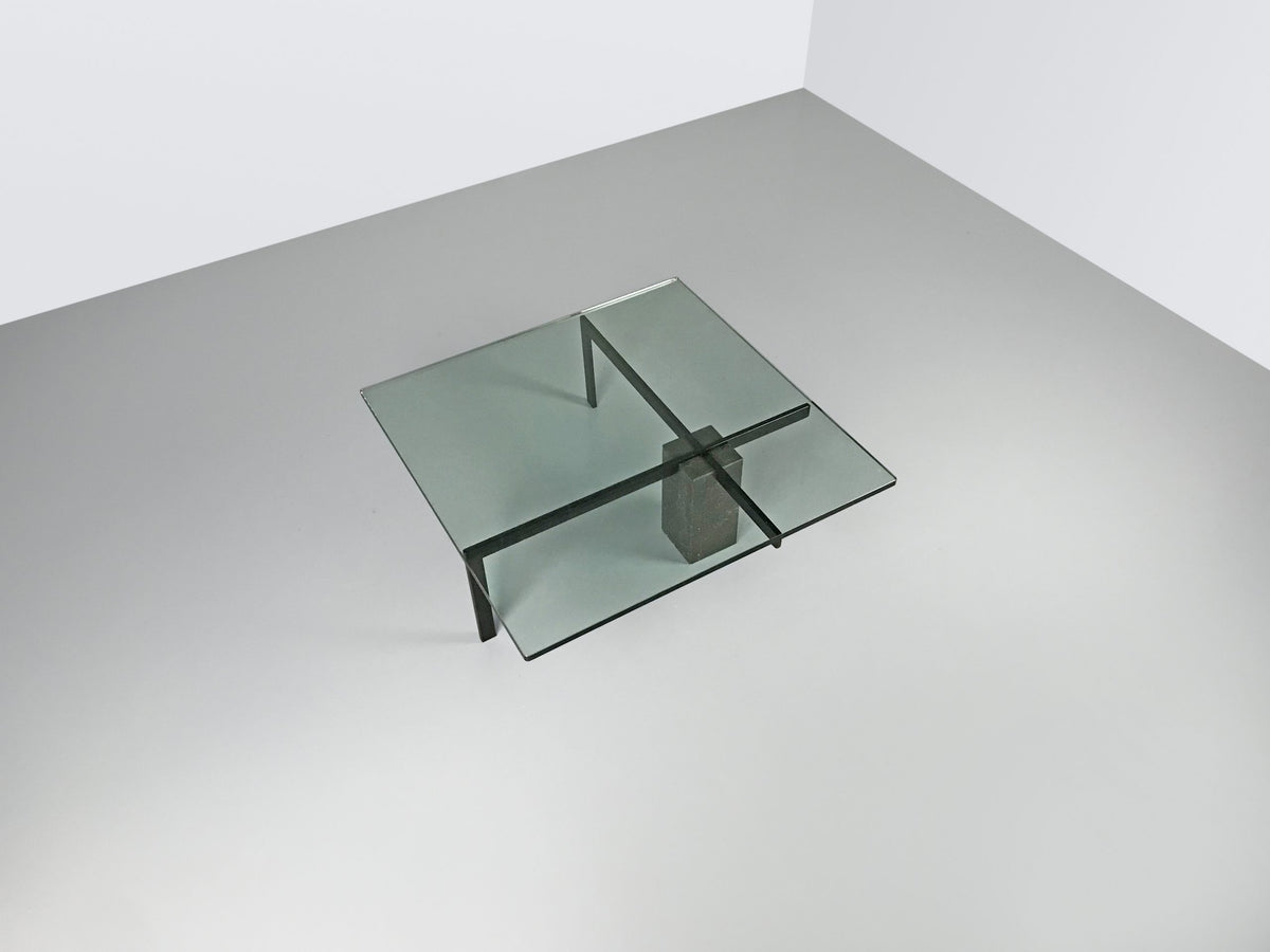 KW1 glass, metal and granite coffee table by Hank Kwint for Metaform 1980s — top view highlighting glass surface and metal fr