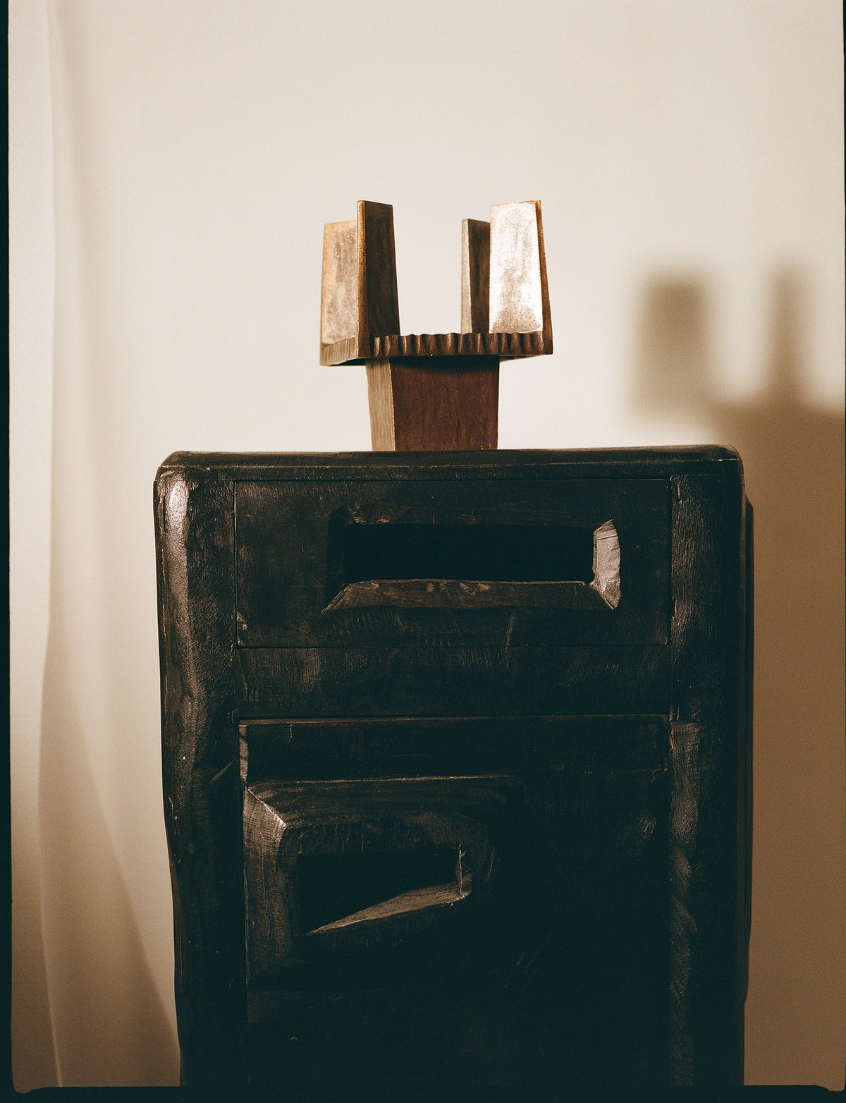 Vintage French Bronze Mid-Century Candle Holder Circa 1950 — displayed on dark wooden pedestal