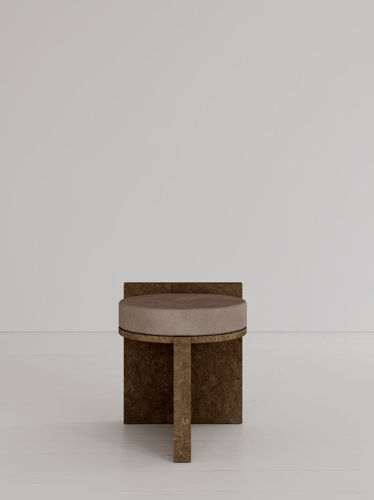 Meï 01' Stool — front view with soft beige seat in minimal setting