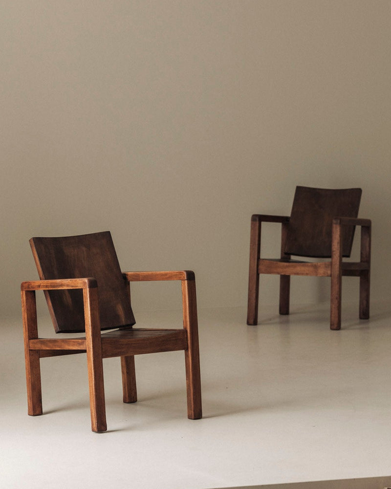 Pair of French Modernist Mahogany Armchairs, 1950s — detail view