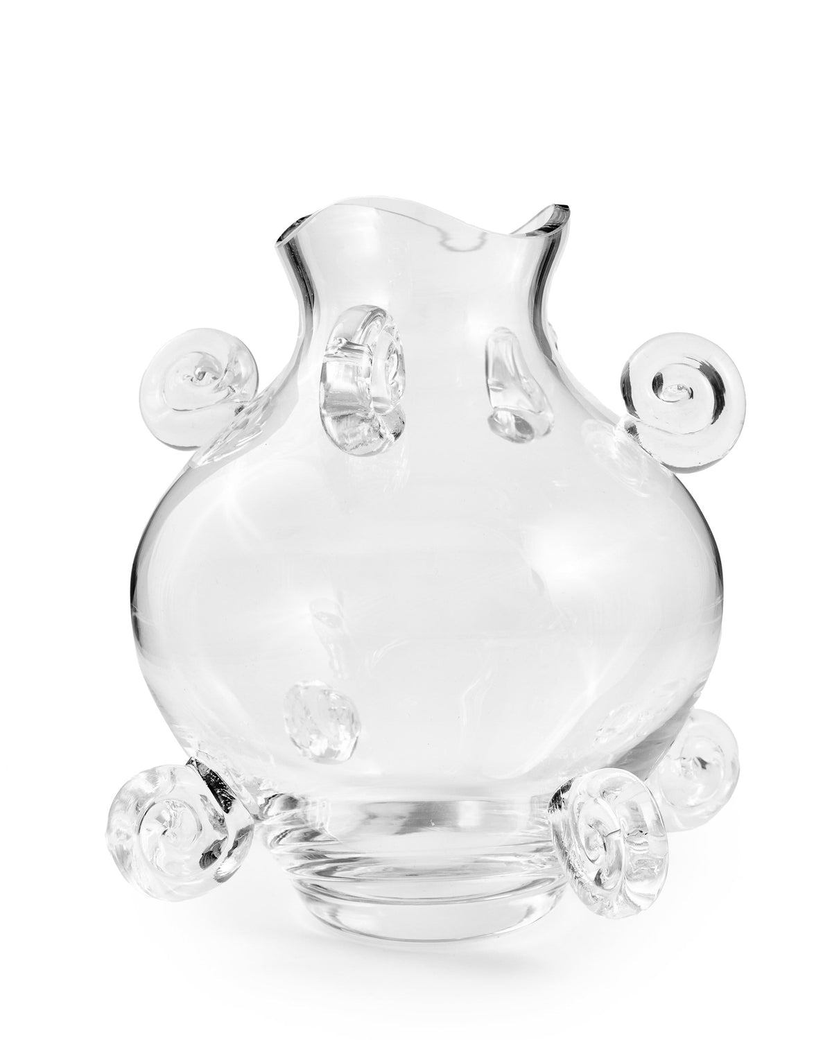 Clear crystal vase with decorative spiral handles and footed base