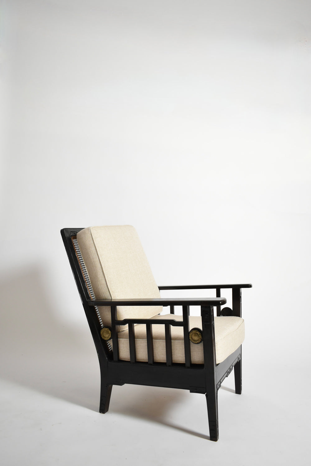 Pair of Colonial Ebonised Wood & Caning Armchairs, 1920s — close-up