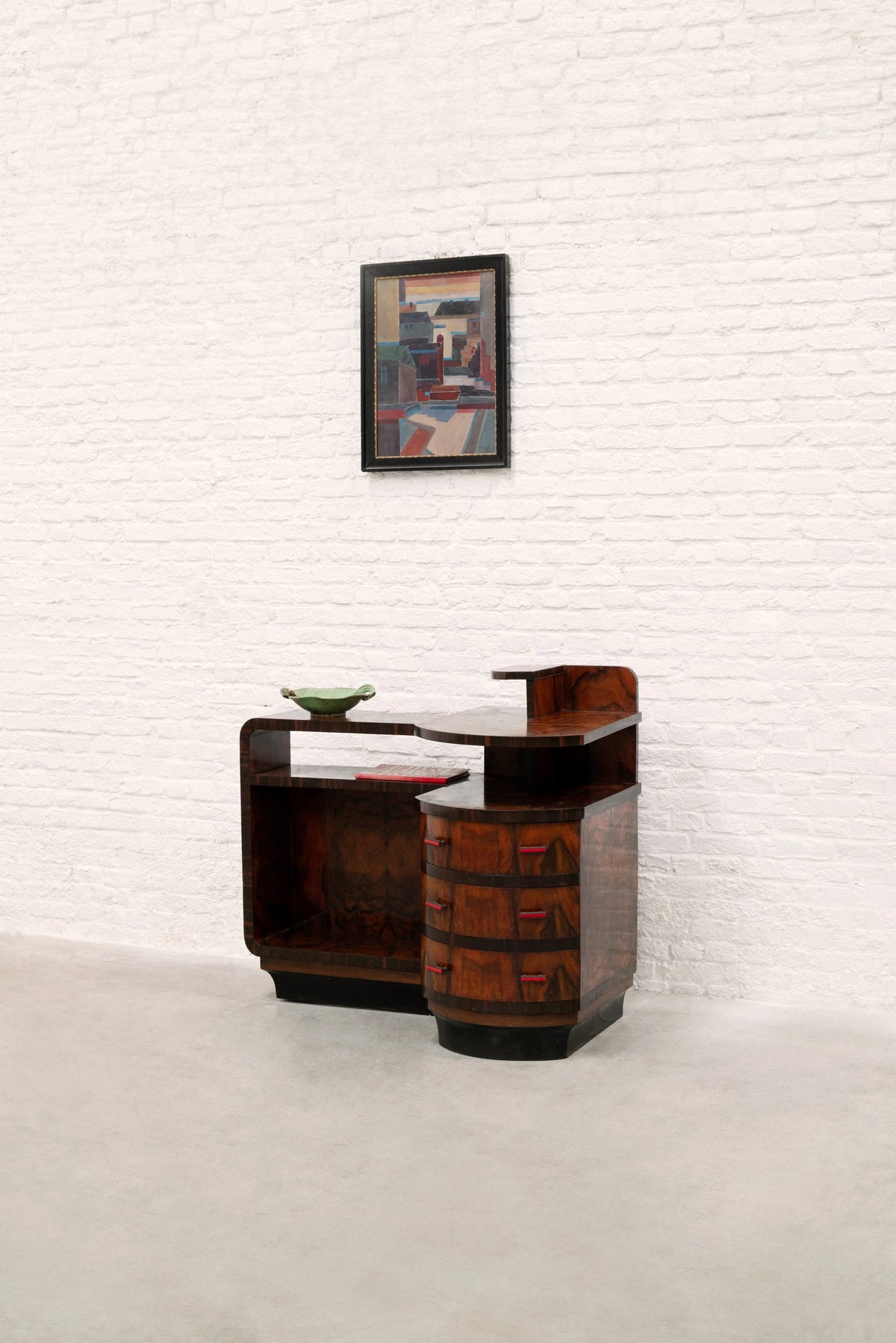 Italian Rationalist Walnut Sideboard with Red Bakelite Handles, circa 1930 — lifestyle setting