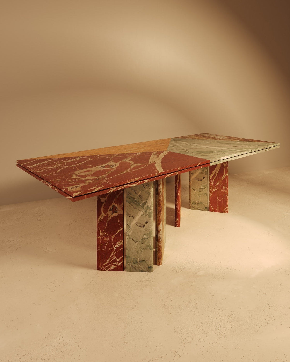 Modern marble dining table with red and green veined stone base