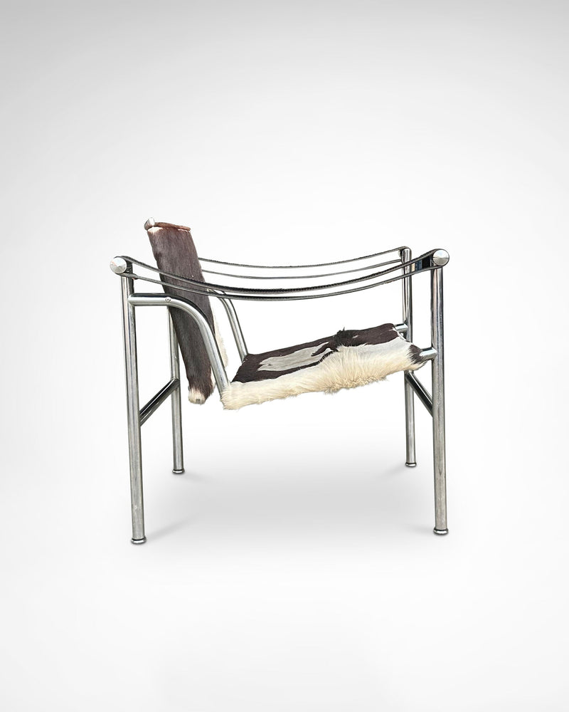 LC1 armchair by Le Corbusier, chrome steel frame and ponyskin, Cassina 1980s