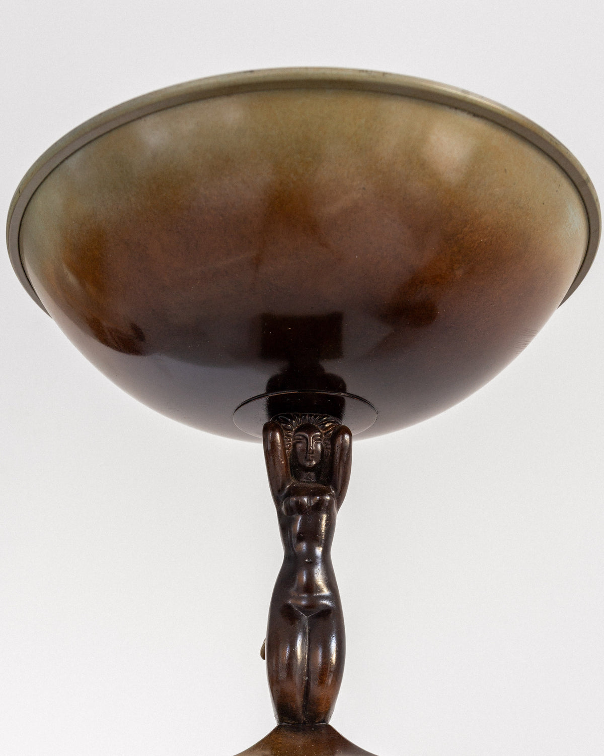 Art Deco bronze bowl with carved mermaid stem - bottom view detail