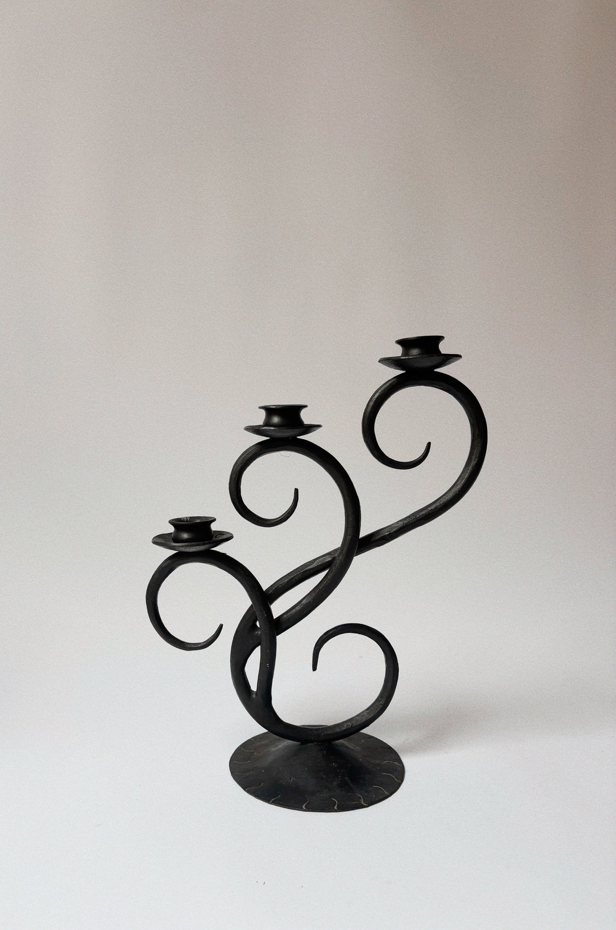 Wrought Iron 3 Arm Swirl Candelabra by Huerto | The Oblist — handcrafted black metal design
