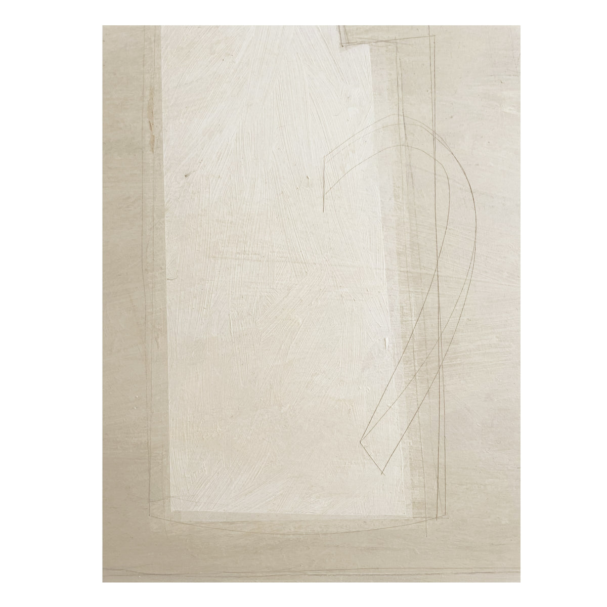 The White Table Painting by Lara Voce showcases abstract art on a beige background, with faint overlapping geometric shapes and thin curved lines. Modernist influences appear through soft shading and subtle texture in this minimal composition.