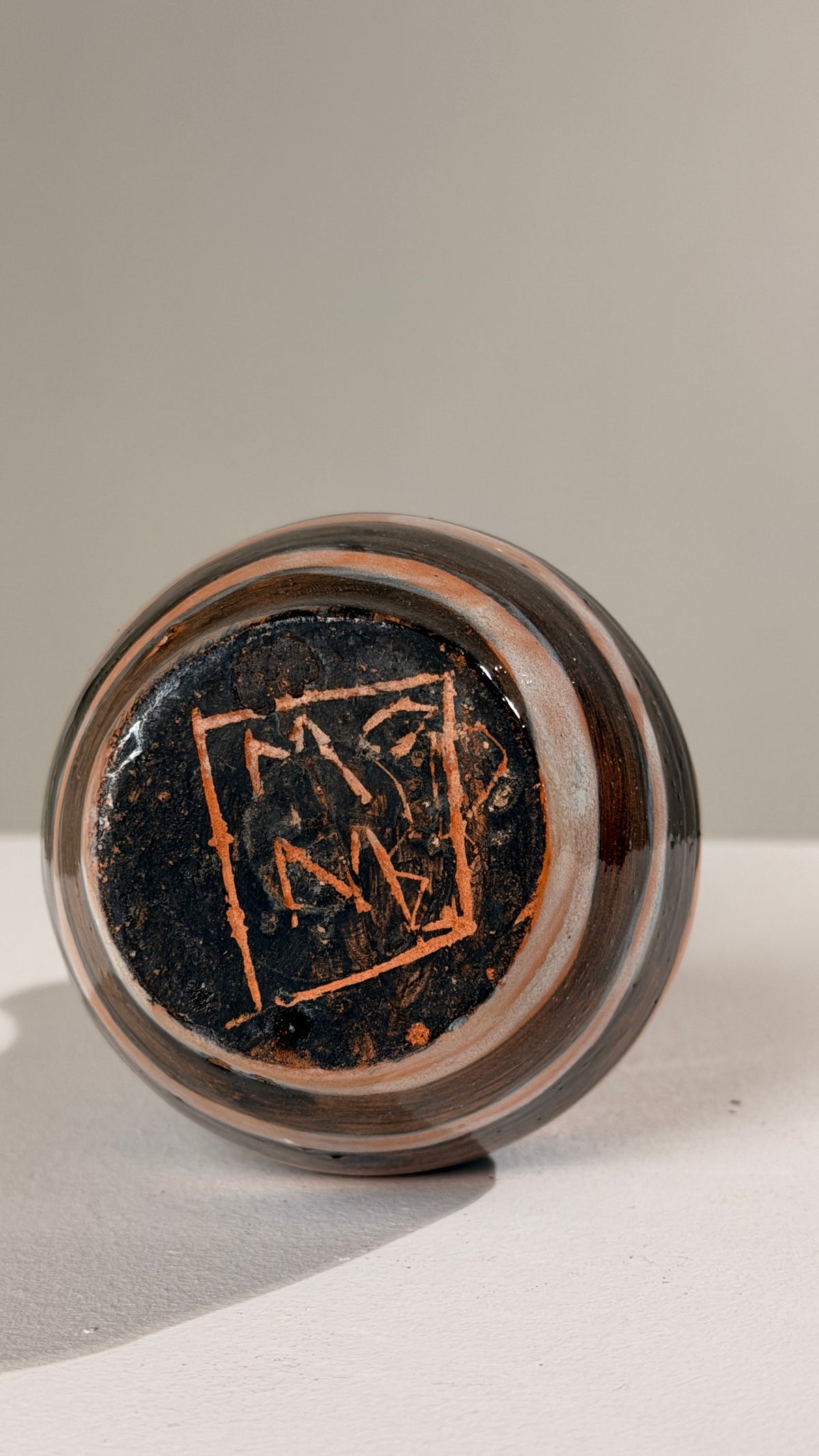 Glazed Terracotta Vase, circa 1960 — top view showing base design and texture