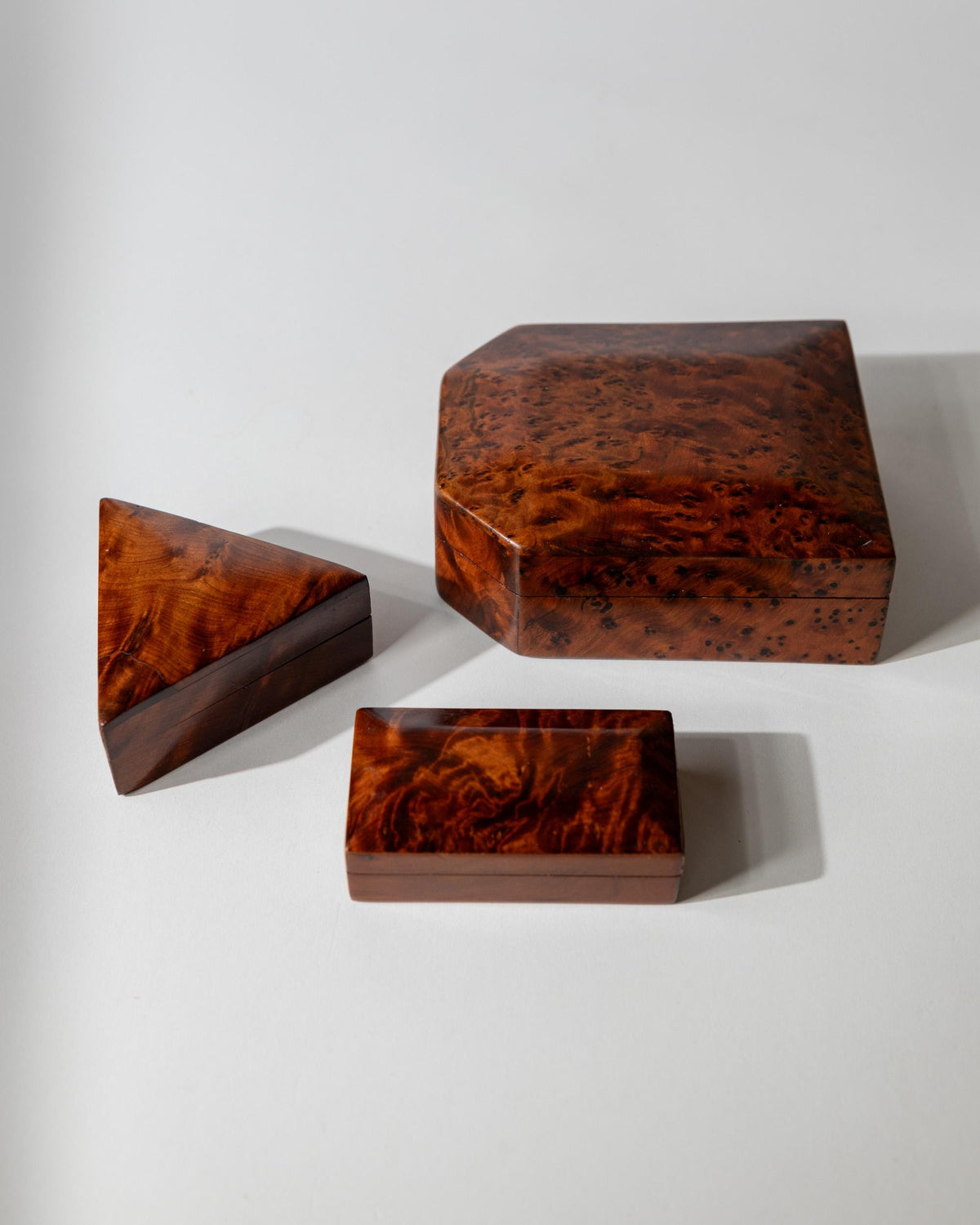 Vintage 1970s Burl Wood Desk Set of 3 Boxes, Different Sculptural Shapes, Mid Century Wooden Storage, Elegant Office Accessories, Gift Idea — view 12