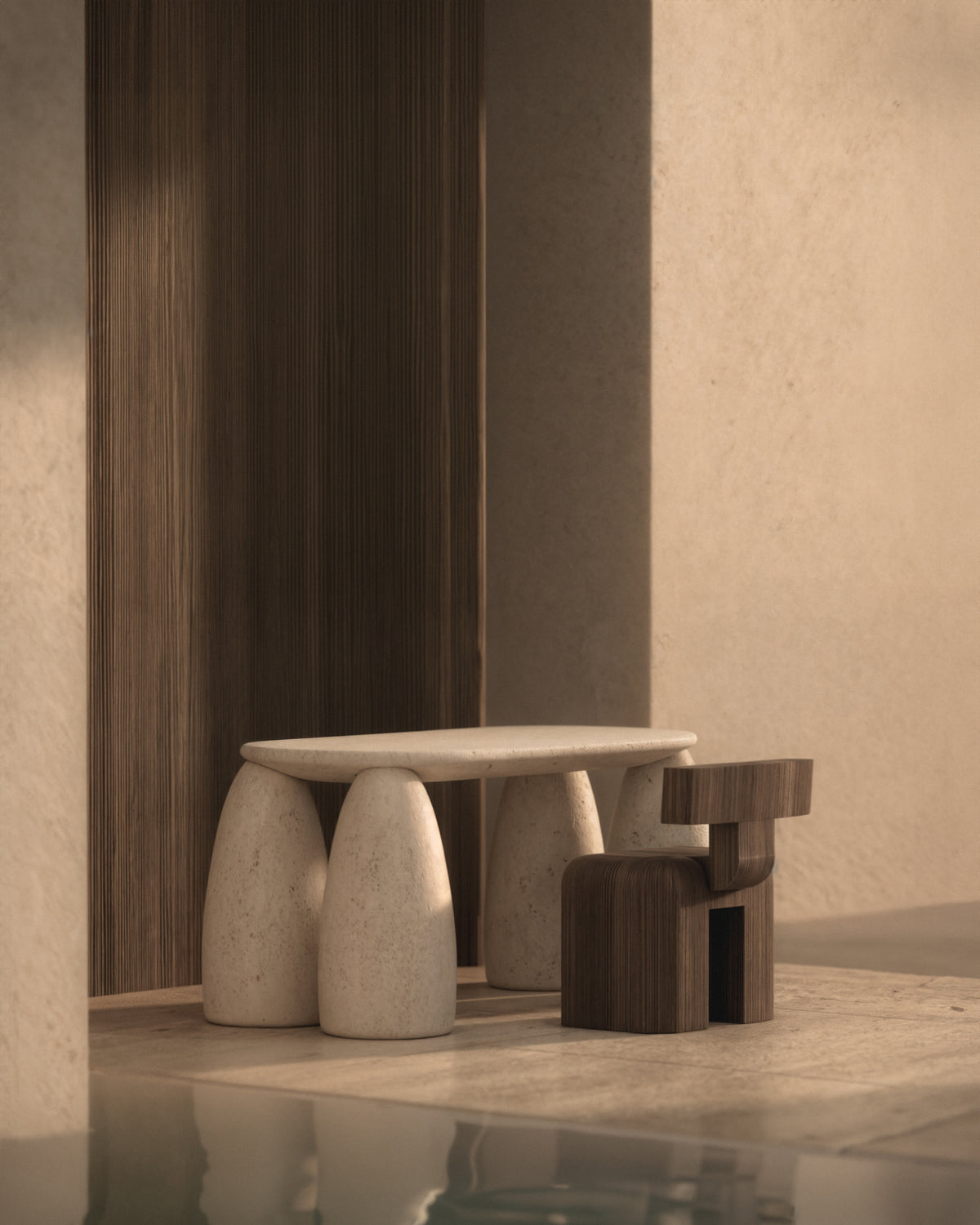 Contemporary travertine desk with sculptural cylindrical legs by Monolith