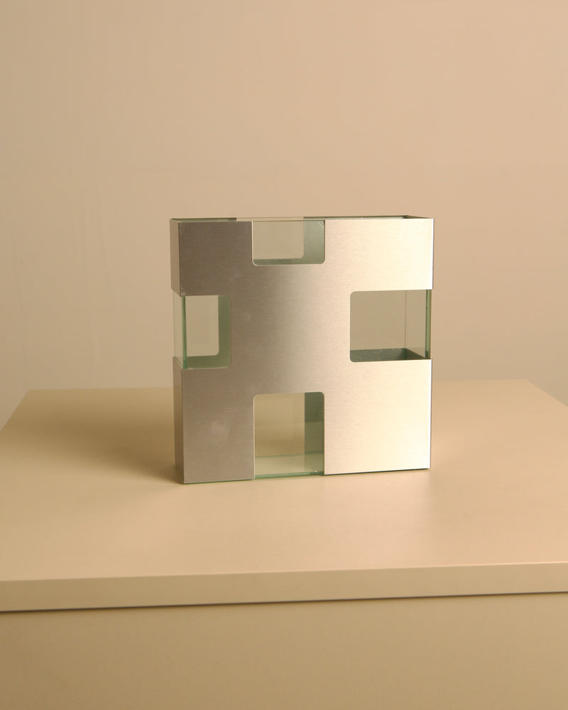 Italian brushed metal and glass vase, 1980s by Treaptyque | The Oblist