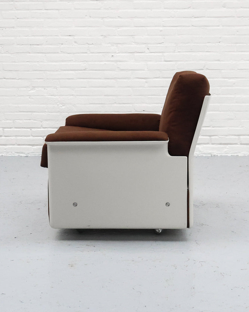 Brown suede Dieter Rams 620 chair side profile view on white base