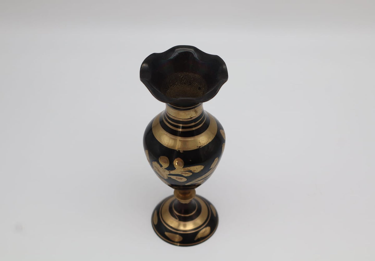 Mid-Century Hand-Etched Brass & Black Lacquered Vase (1970) — lifestyle setting