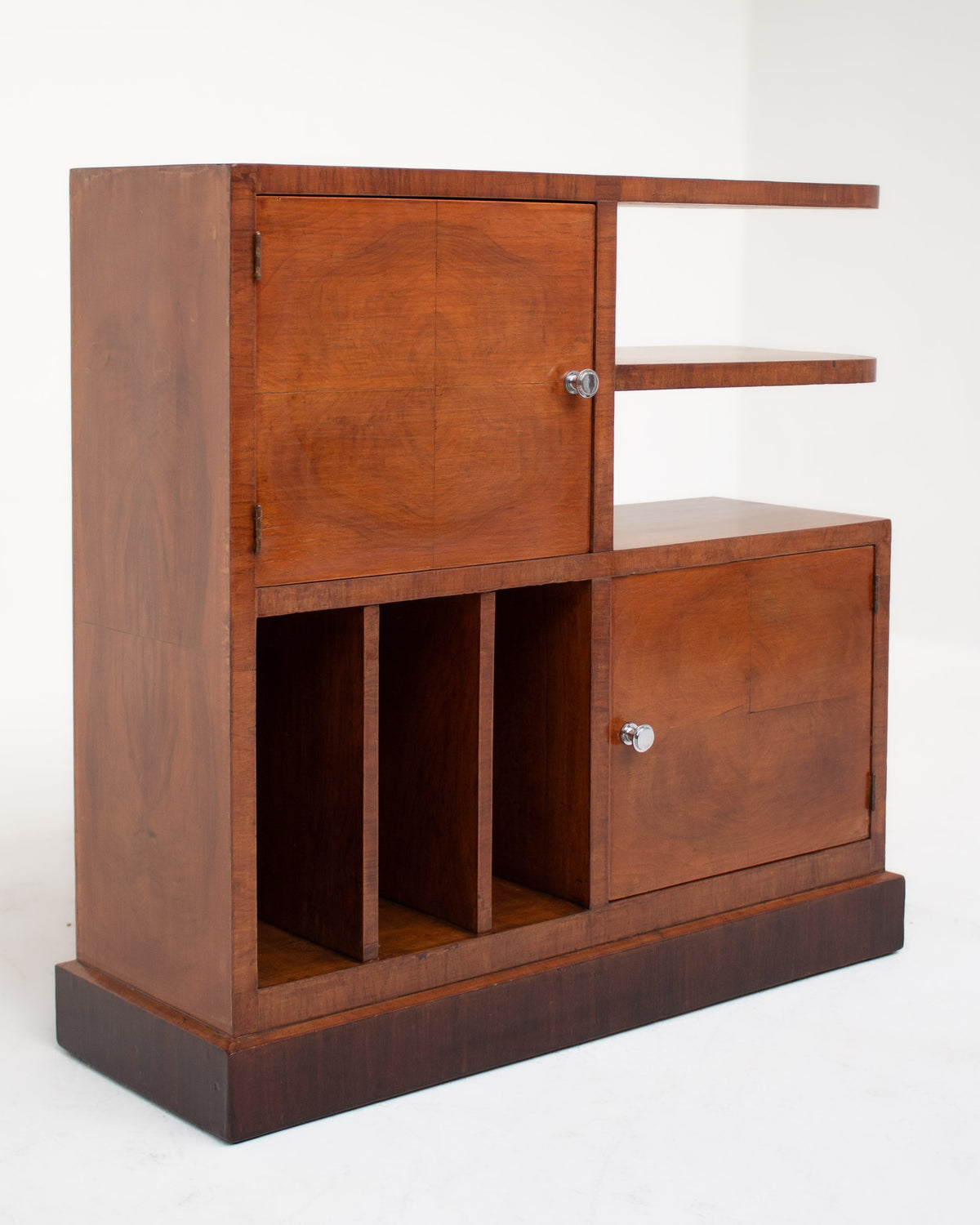 Art Deco walnut storage cabinet with open shelves and doors