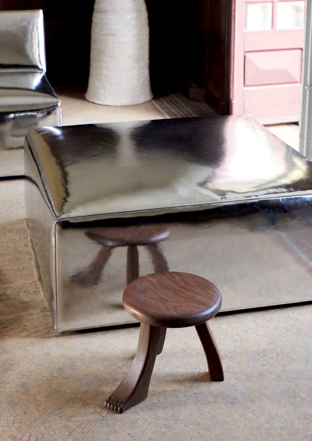 Foot Stool in Oak — top view of round oak seat with wooden legs