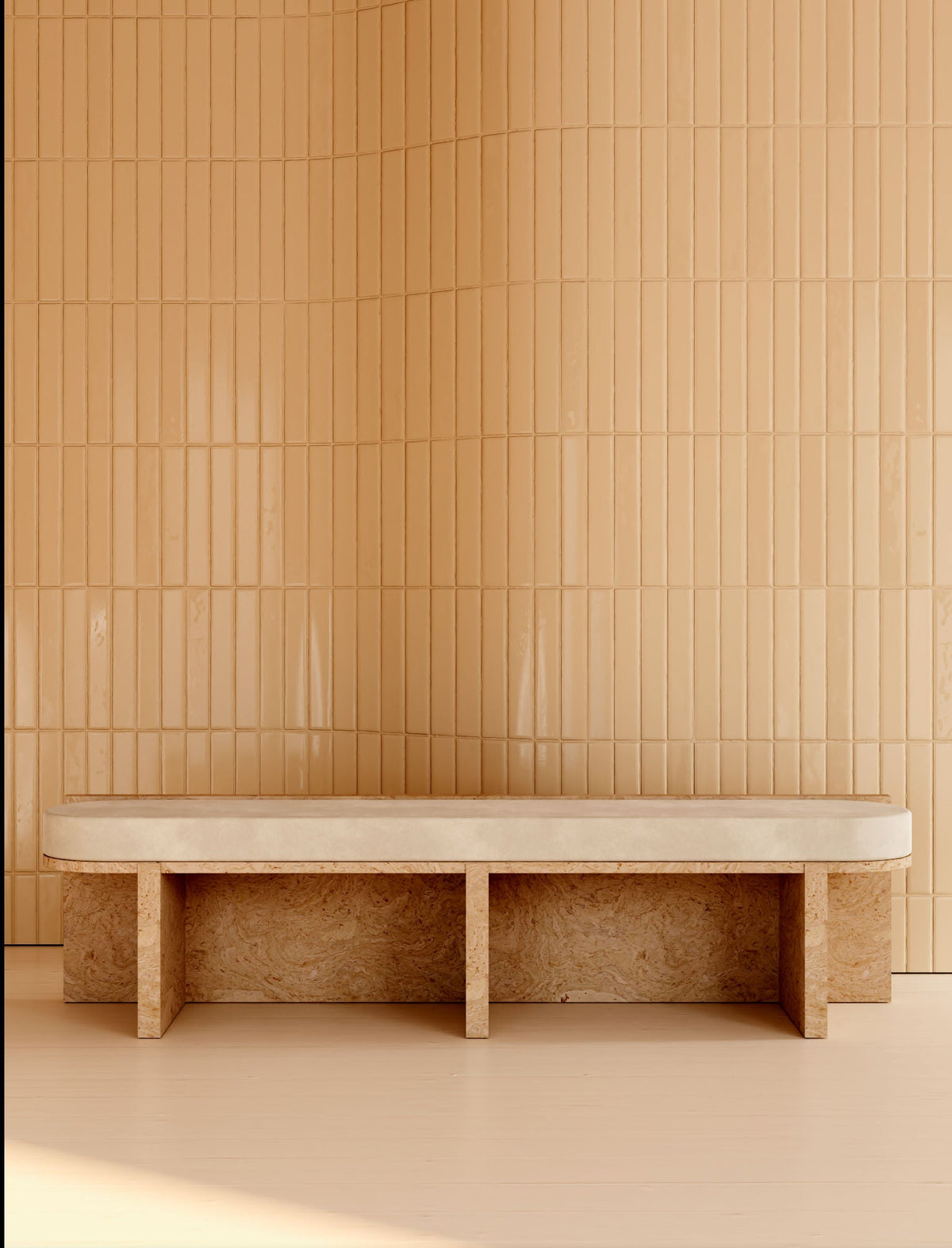 Meï 03' Bench — back view against textured beige wall