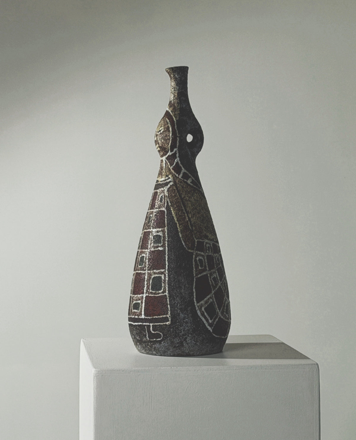 Rare bottle by the potters of Accolay, France, circa 1960 — close-up of textured ceramic surface with abstract patterns