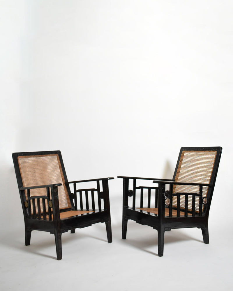 Pair of Colonial Ebonised Wood & Caning Armchairs, 1920s by Barracuda Interiors | The Oblist