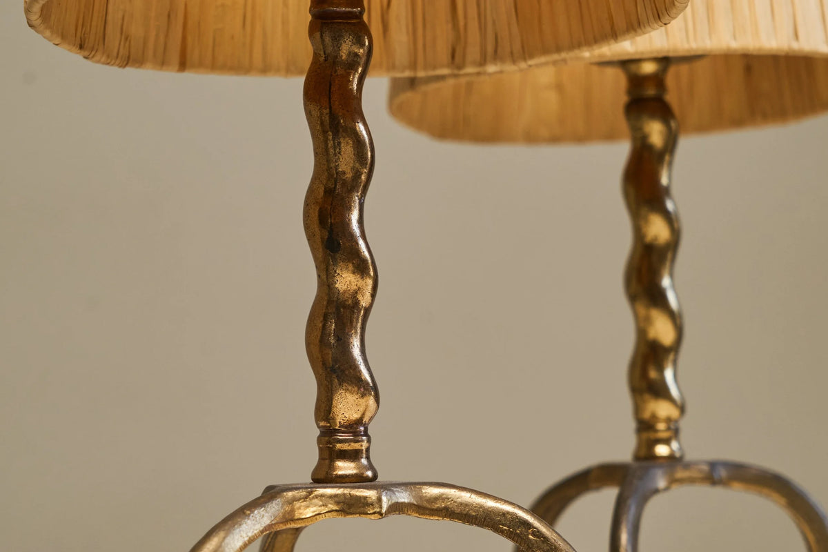 Wonderful Pair of Tripod Table Lamps in Patinated Sand Cast Brass with Raffia Shades — alternate view