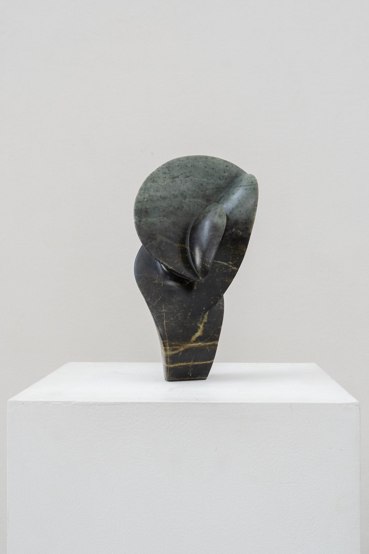 Abstract stone sculpture with curved organic form on white pedestal