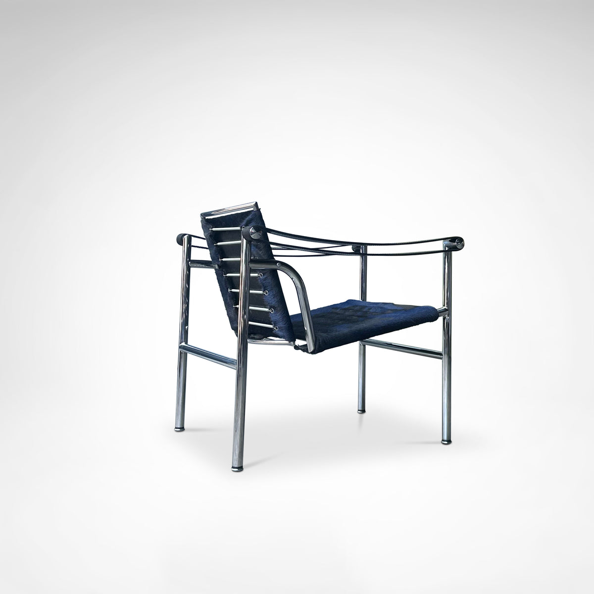 LC1 Blue and Black Ponyskin Armchair by Le Corbusier, Charlotte Perriand & Pierre Jeanneret for Cassina, 1990s — close-up