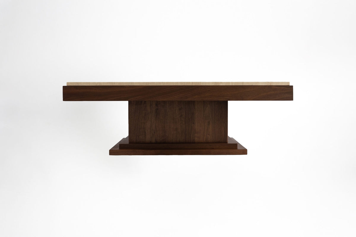Sofa Table 01 Walnut Wood and Travertine — back view highlighting wood grain