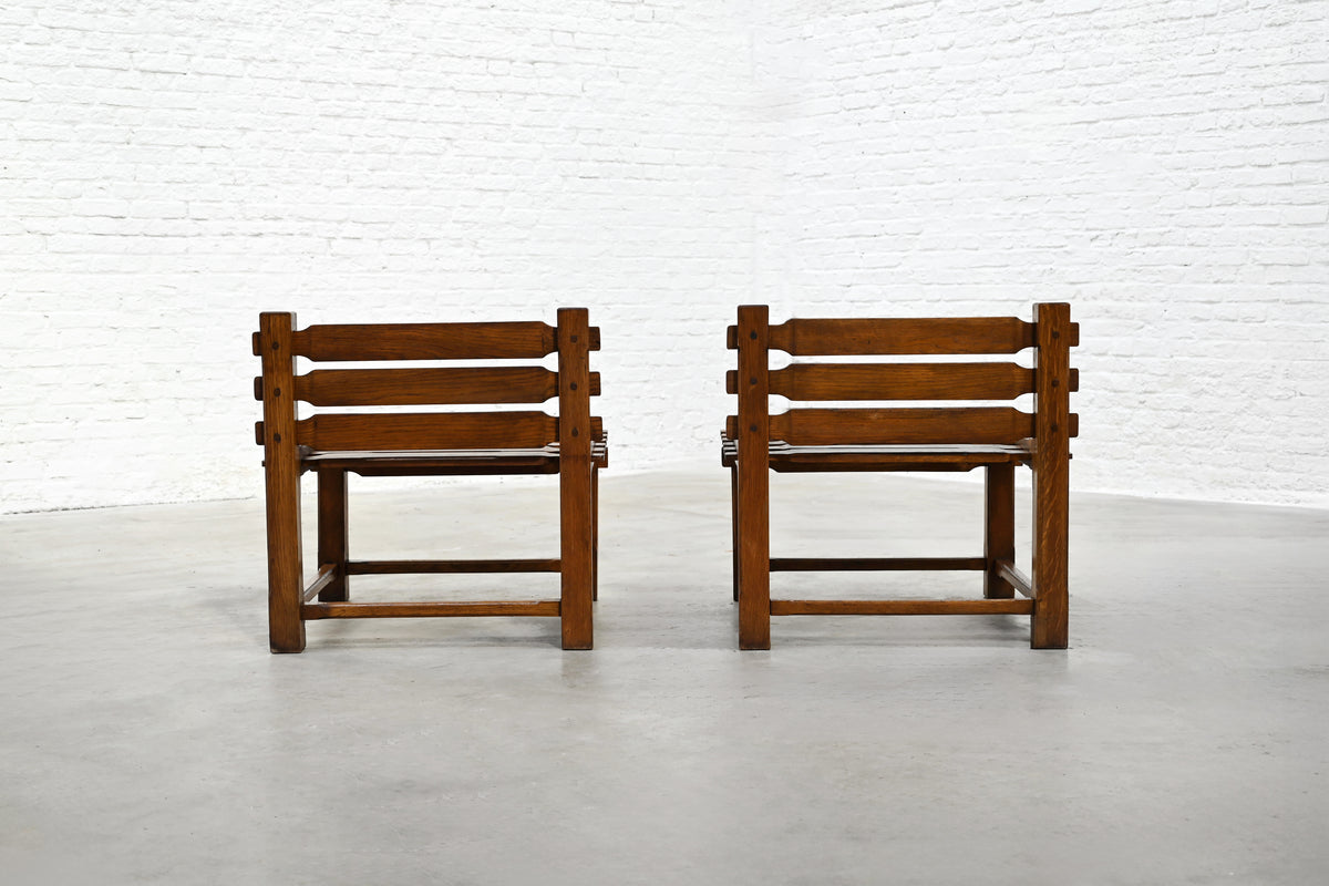 Pair of 1970s brutalist oak side chairs front view