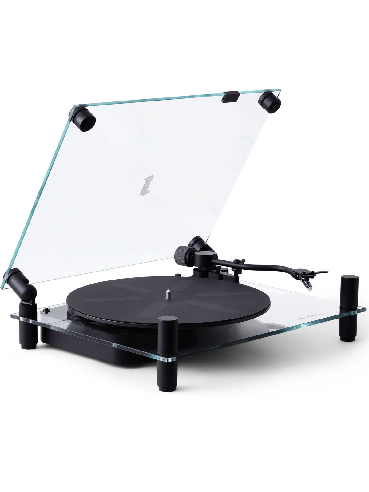 Transparent Turntable Black - Bluetooth — angled view on glass surface