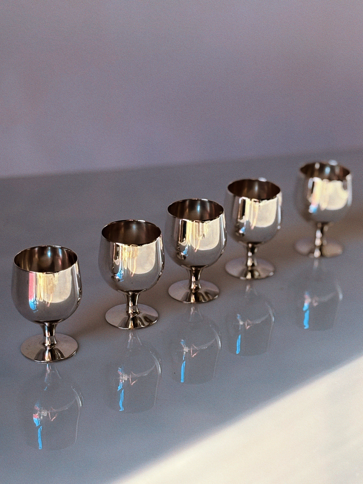 Set of 5 Silver Plated Liquor Cups by Huerto | The Oblist — polished silver finish