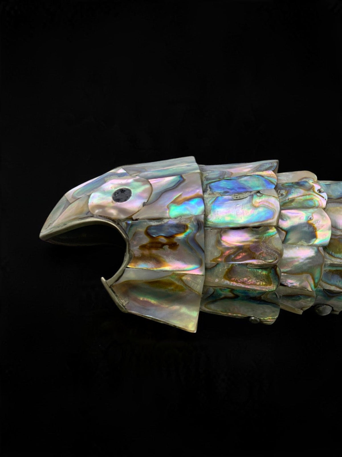 Articulated Abalone shell and Brass Fish Bottle Opener, Mexico, 1980's, 20 cm — detail view