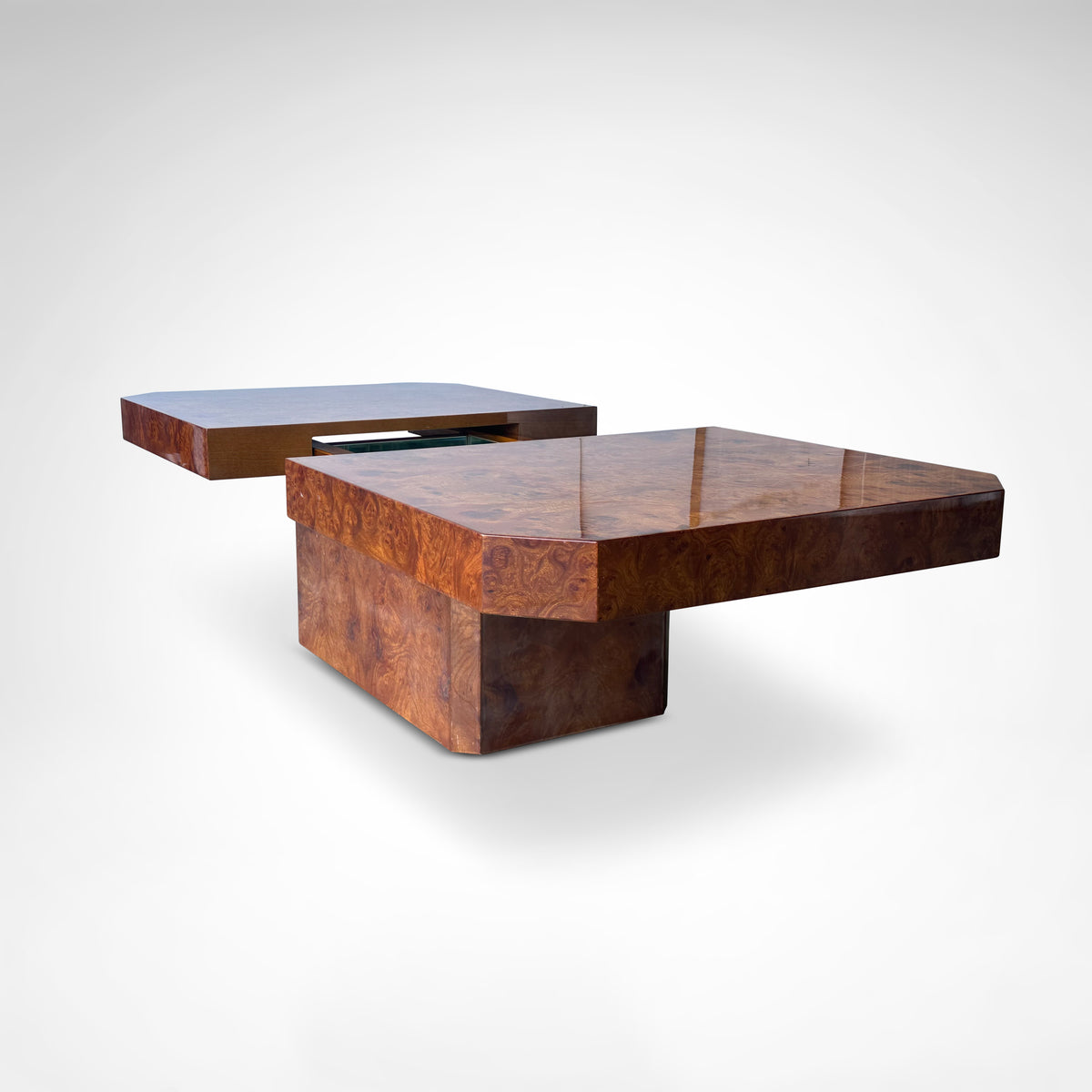 Burl wood coffee table with bar by Maison Lancel France 1980s — angled view highlighting rich wood grain