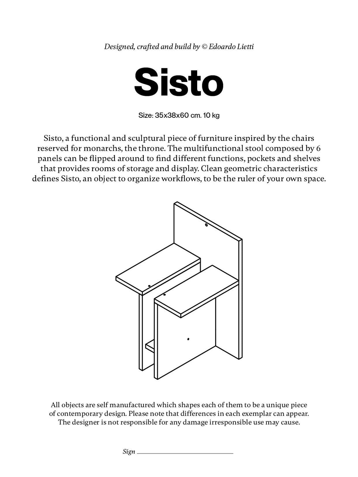 A product sheet for the "Sisto" Versatile Wood Chair by Edoardo Lietti Studio includes a diagram with labeled dimensions, a description, and notes its multifunctional design for storage and display.