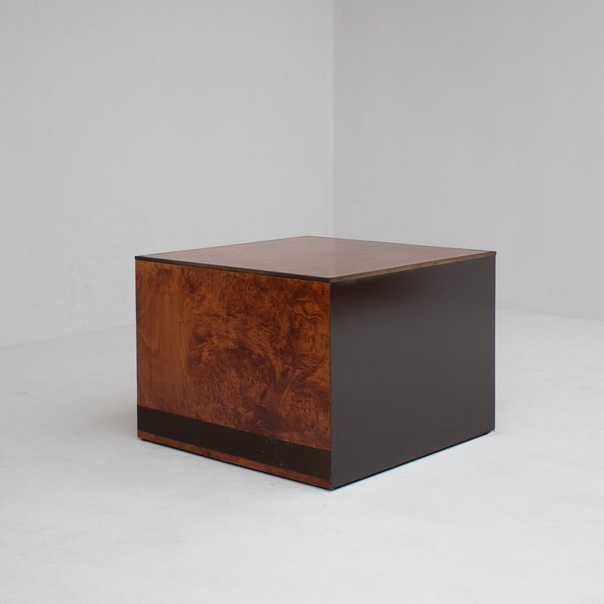 Vintage Burl Wood Cube Cabinet with Two Drawers — close-up
