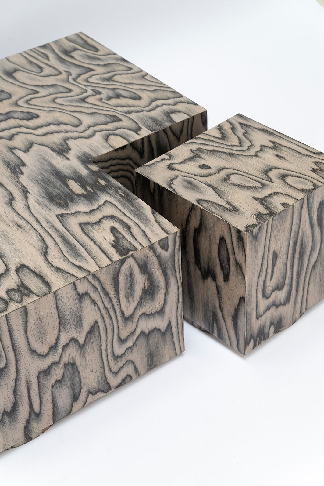 Coffee Table Object108 in ALPI veneer by Sottsass — top view of layered wooden blocks