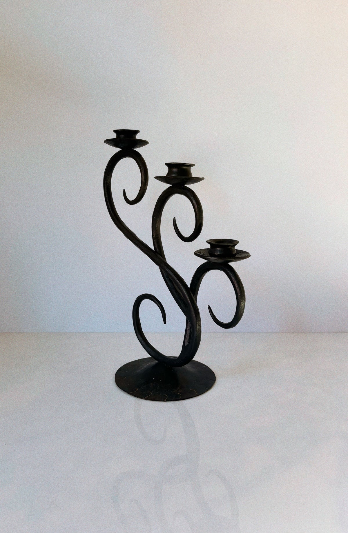 Wrought Iron 3 Arm Swirl Candelabra — front view with three candle holders