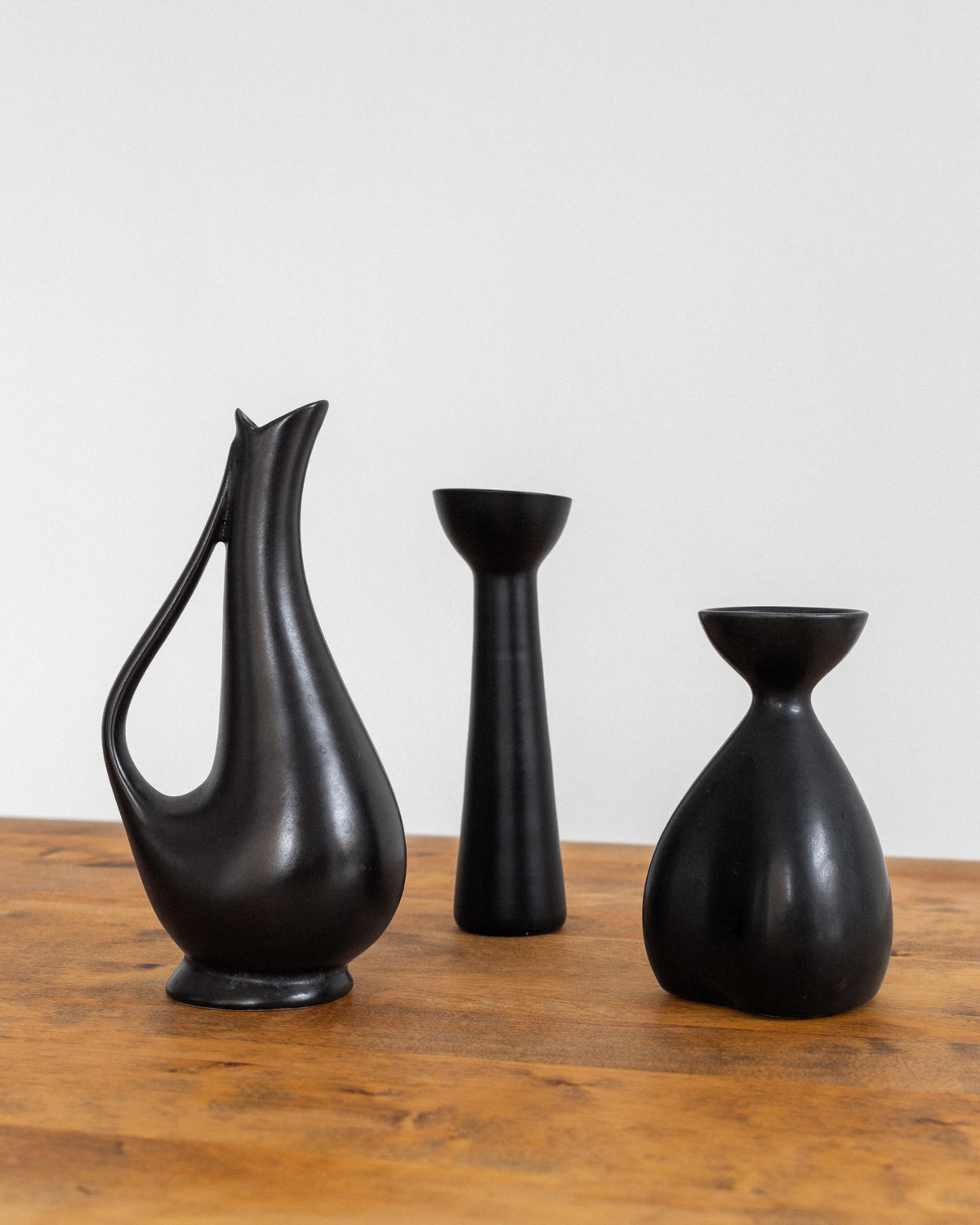 Collection of Black Sculptural Vases, Swedish Mid-Century Modern — top view on wooden table