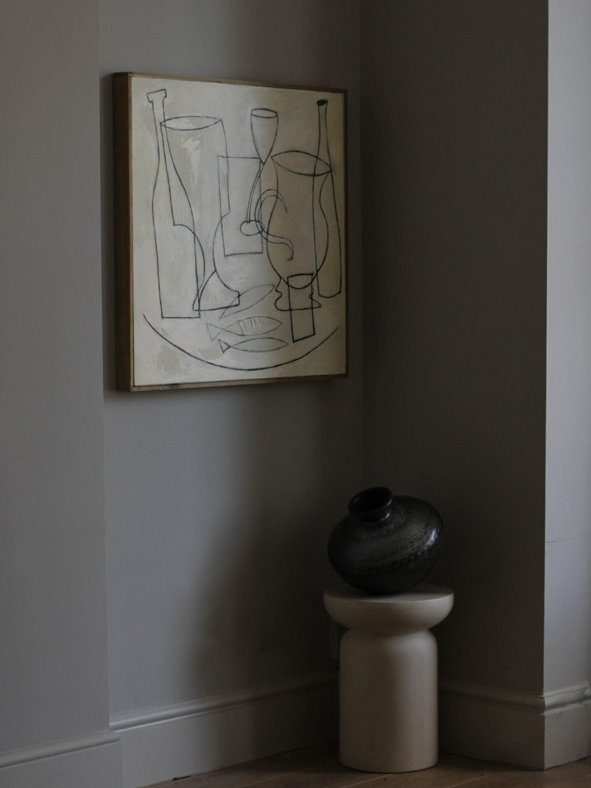 Abstract cubist still life painting with geometric bottles and vessels