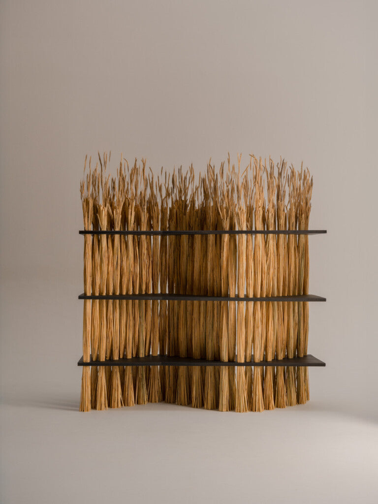 Large Amas Shelf, Stained Oak — back view highlighting wooden shelves and texture
