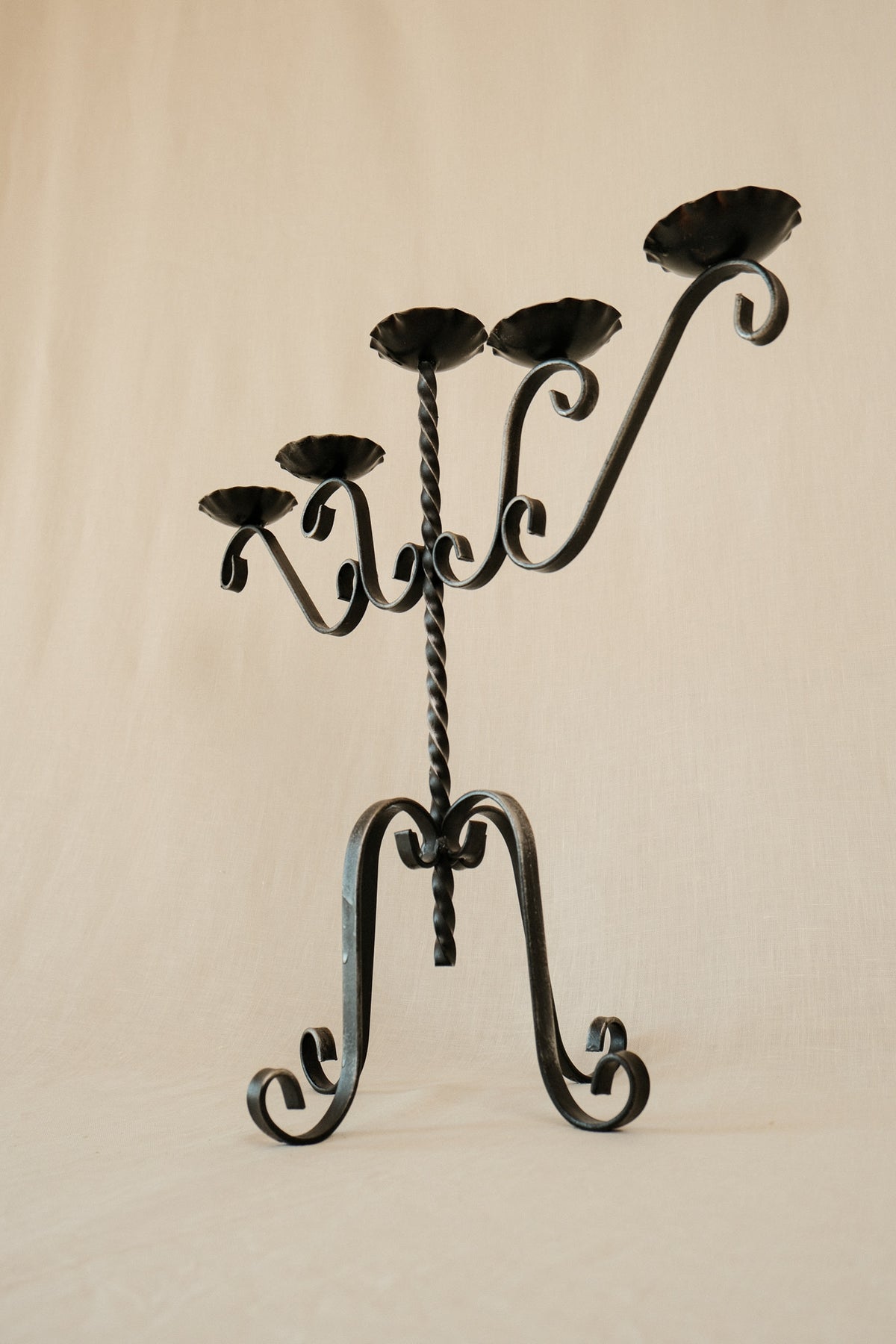 Large Vintage Wrought Iron Five-Candle Candelabra, 1970s — detail view