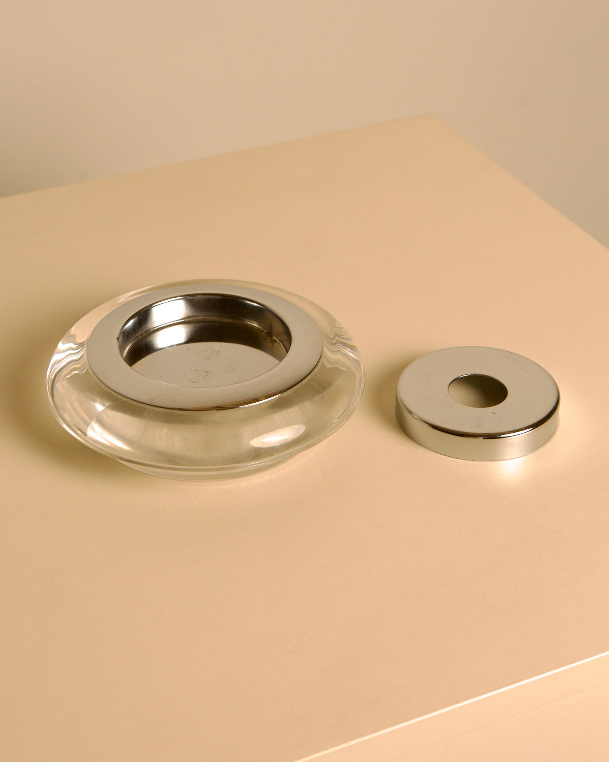 Italian Round Lucite and Chrome Ashtray / Vide-Poche with Removable Lid, 1970s — side angle