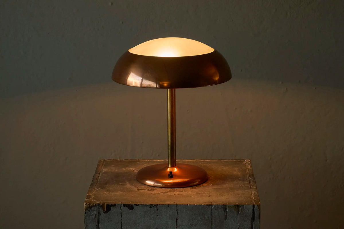 Art Deco Table Lamp in Patinated Copper, Brass and Satin Glass 1950s — detail view