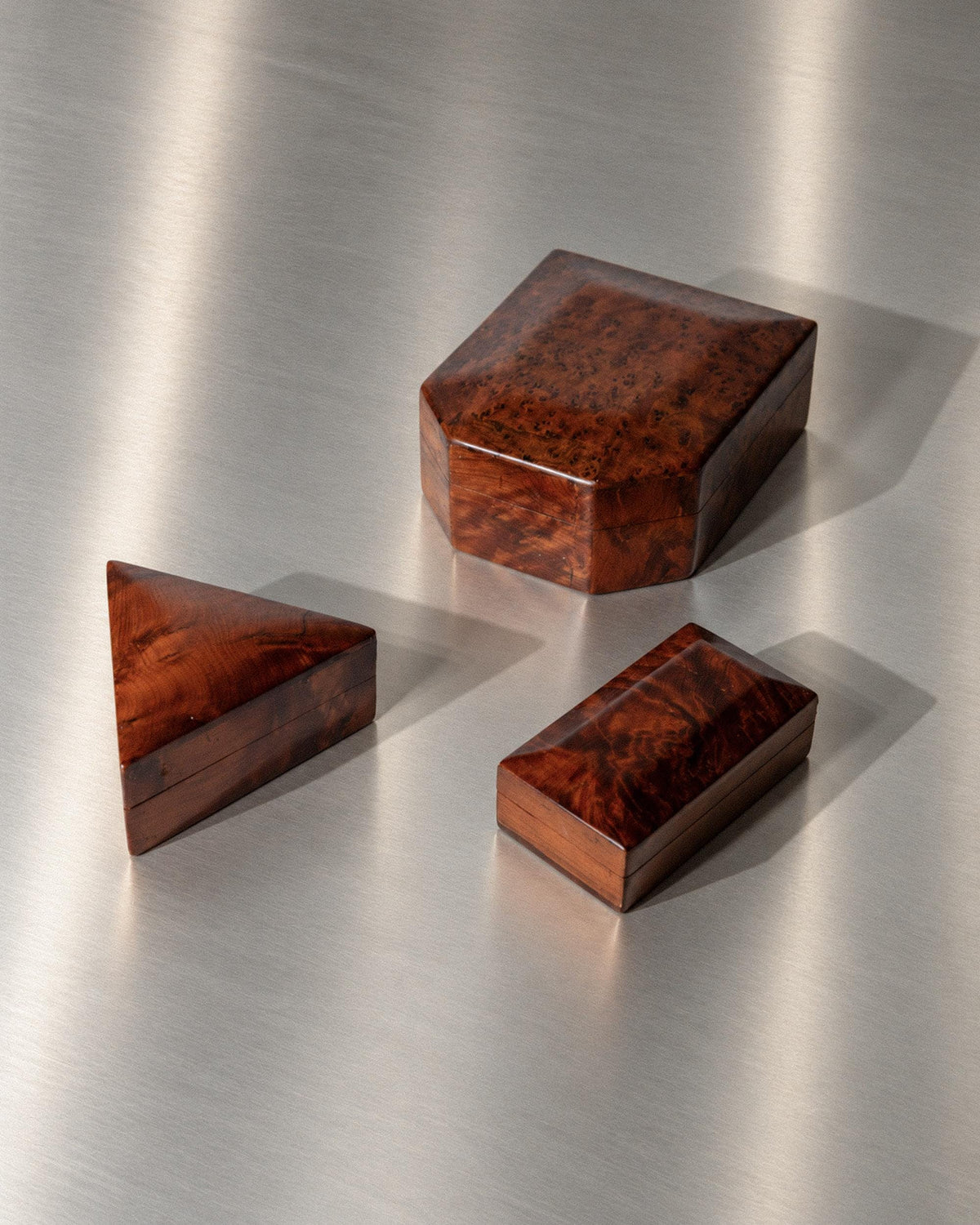 Vintage 1970s Burl Wood Desk Set of 3 Boxes, Different Sculptural Shapes, Mid Century Wooden Storage, Elegant Office Accessories, Gift Idea — additional view