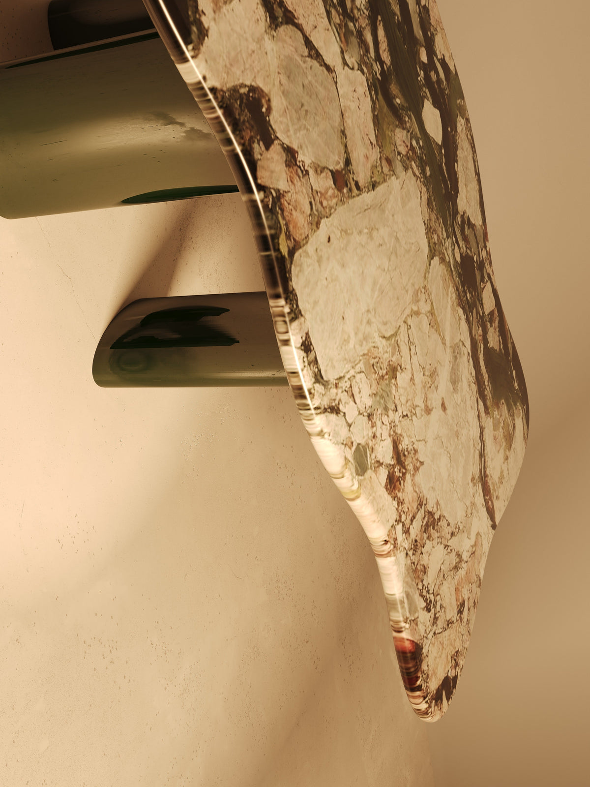 MOJE marble dining table curved base detail showing natural veining