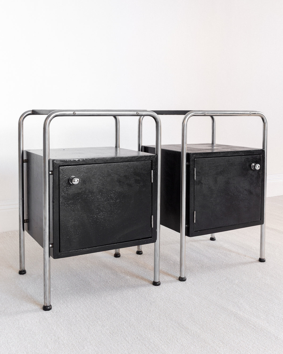 Pair of Functionalist Nightstands, Sweden 1930s — front view with black metal and chrome frame